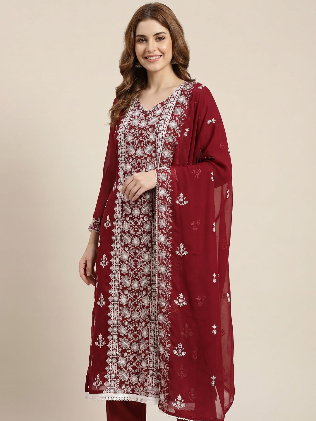 Red Floral Embroidered Georgette Dress Material - Image 1