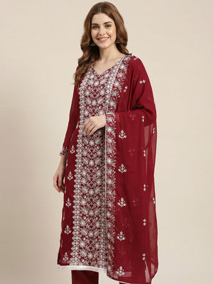 Red Floral Embroidered Georgette Dress Material - Image 1