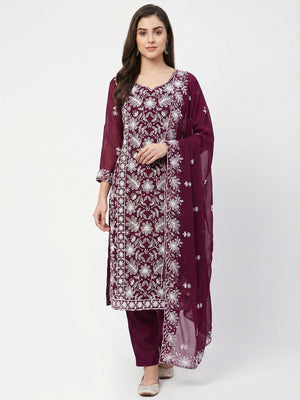 Wine Floral Embroidered Georgette Dress Material - Image 1
