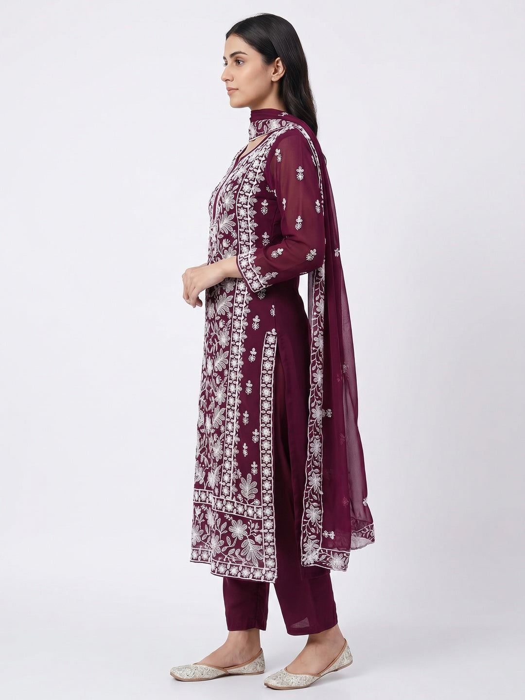 Wine Floral Embroidered Georgette Dress Material - Image 2