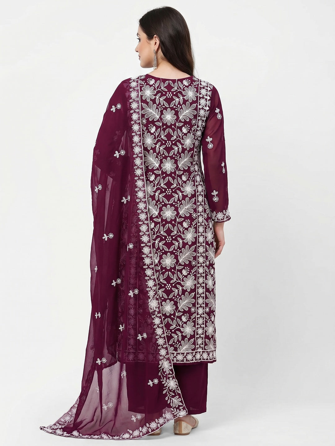 Wine Floral Embroidered Georgette Dress Material - Image 3