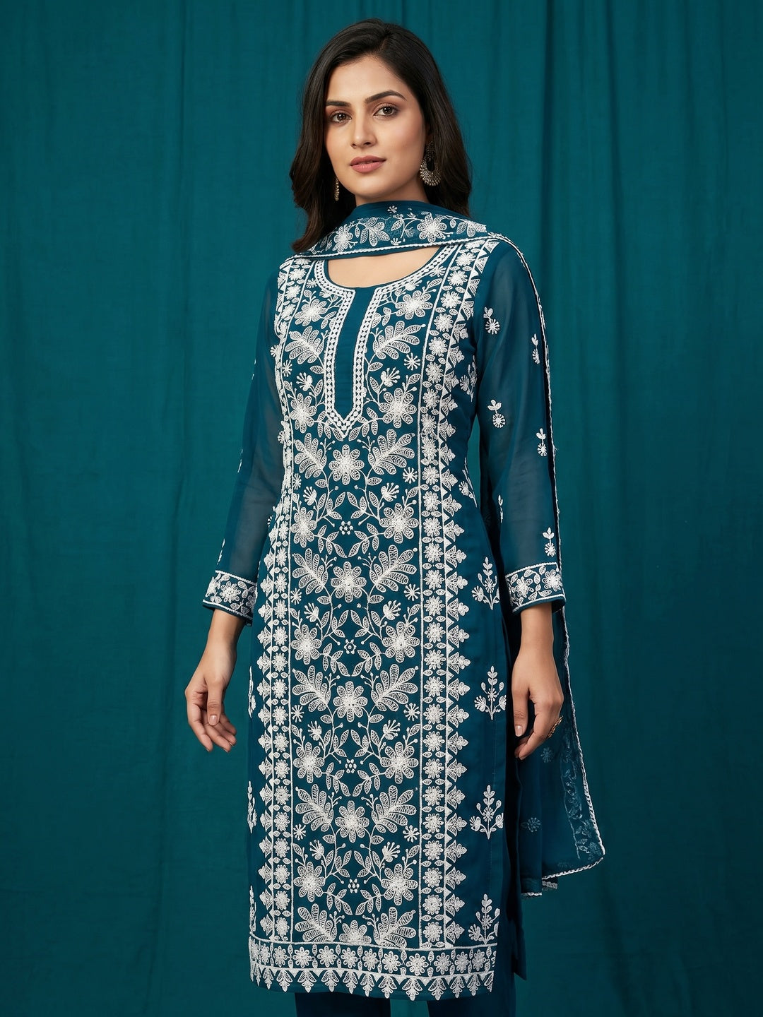 Teal Blue Floral Embroidered Georgette Dress Material - Image 1