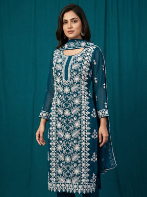 Teal Blue Floral Embroidered Georgette Dress Material - Image 1