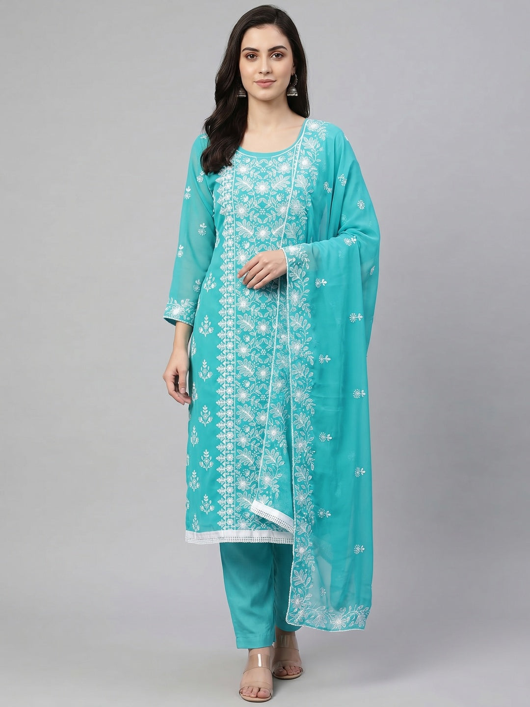 Turquoise Floral Embroidered Georgette Dress Material - Image 1