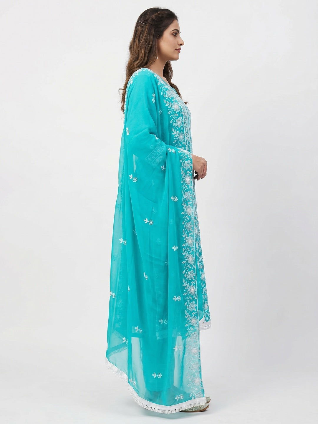 Turquoise Floral Embroidered Georgette Dress Material - Image 3