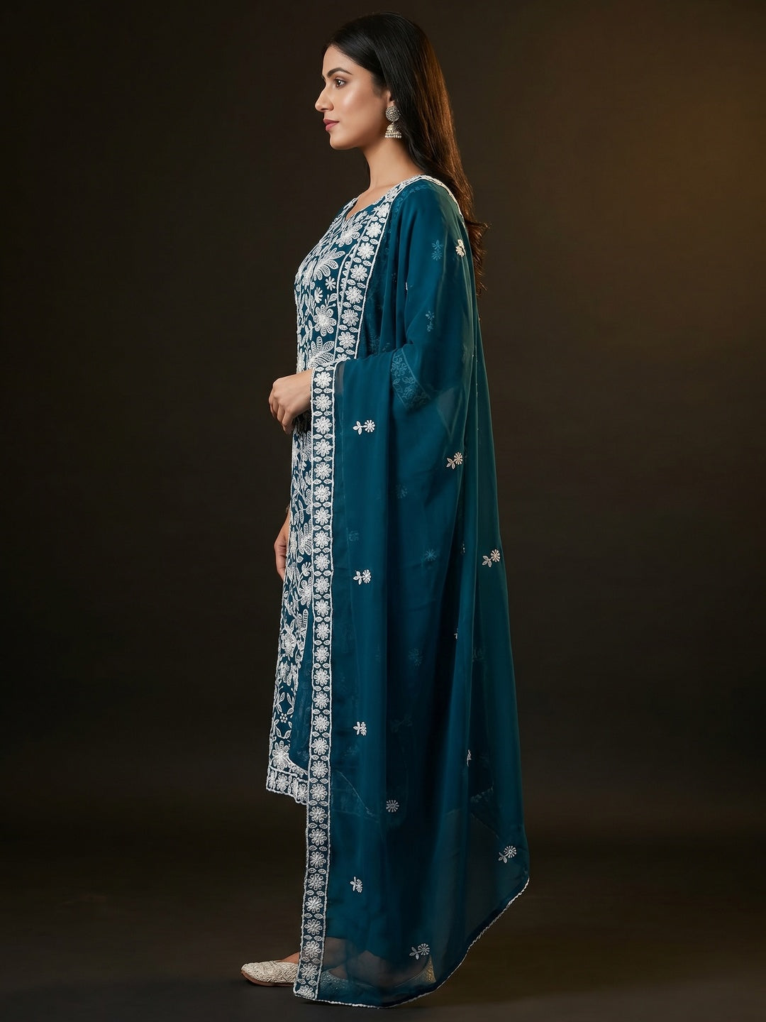 Teal Blue Floral Embroidered Georgette Dress Material - Image 2
