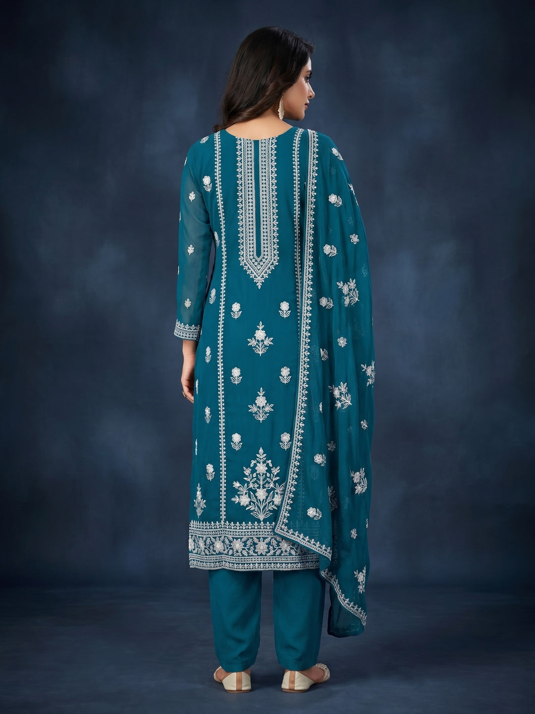 Teal Blue Floral Embroidered Georgette Dress Material - Image 3