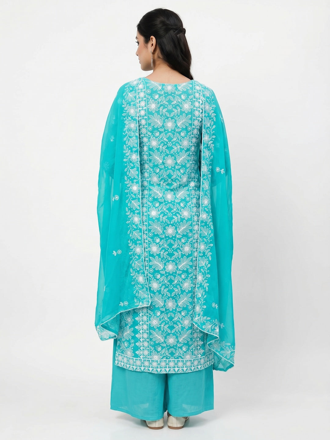 Turquoise Floral Embroidered Georgette Dress Material - Image 2