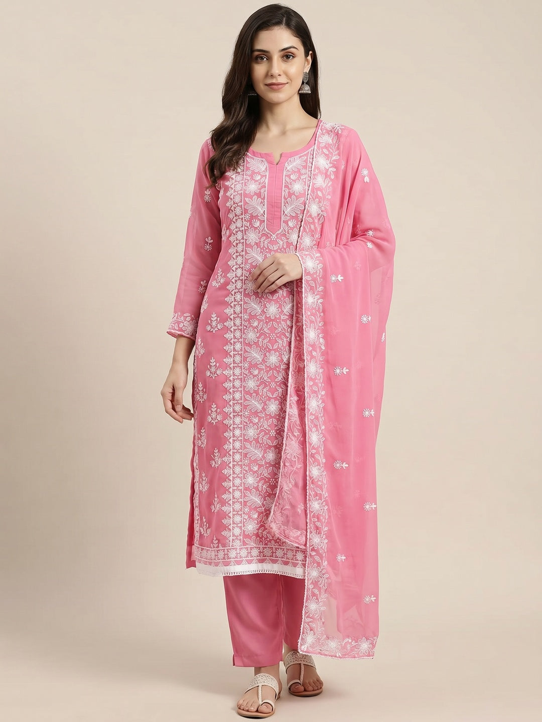 Pink Floral Embroidered Georgette Dress Material - Image 1