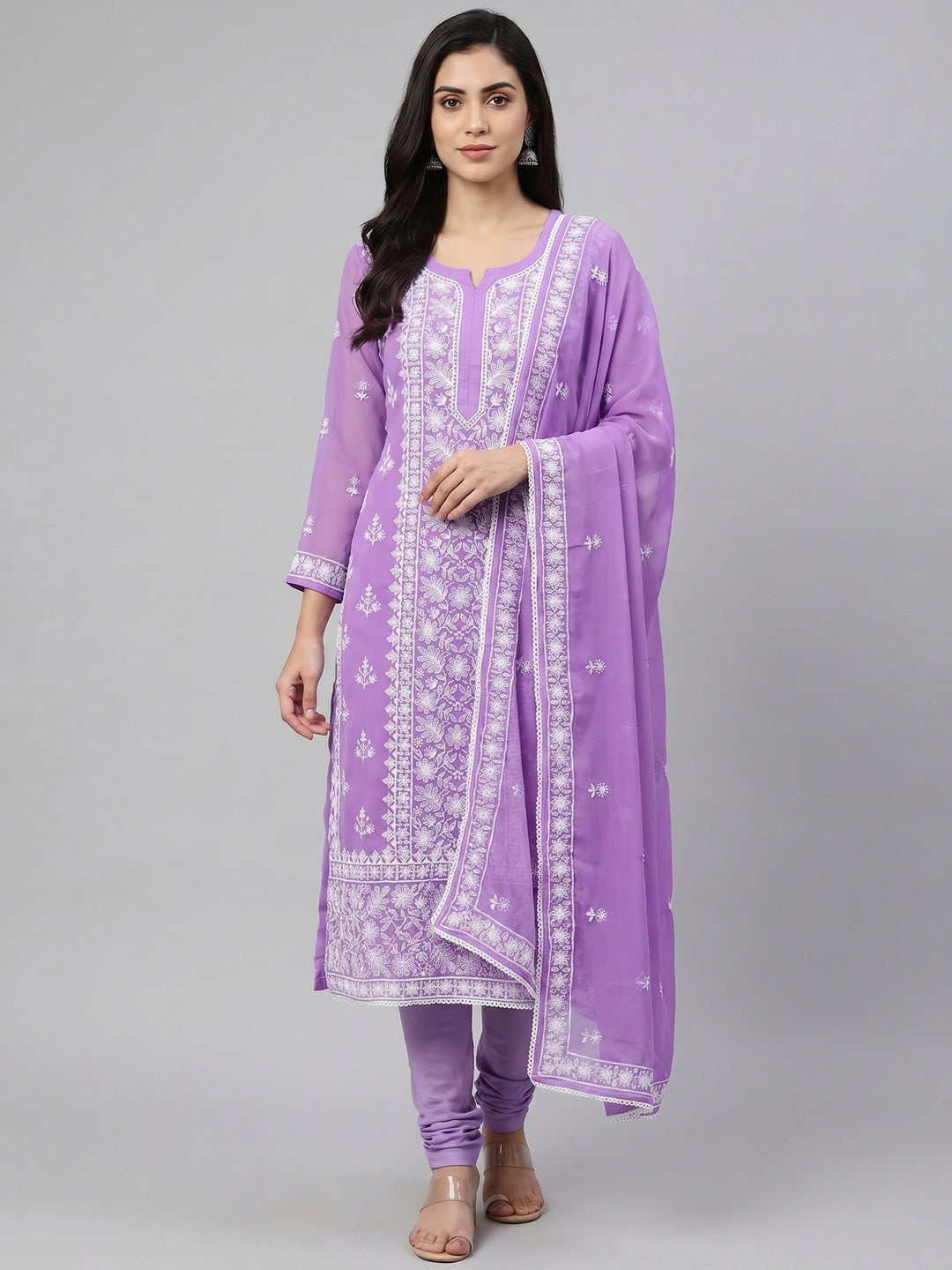 Lavender Floral Embroidered Georgette Dress Material - Image 3