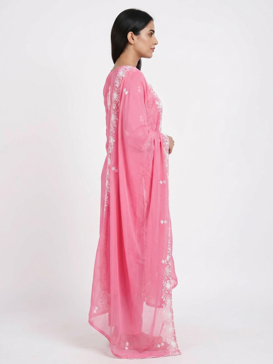 Pink Floral Embroidered Georgette Dress Material - Image 2