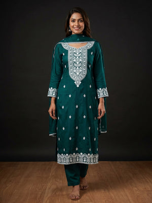 Rama Green Lucknowi Embroidered Modal Dress Material - Image 1