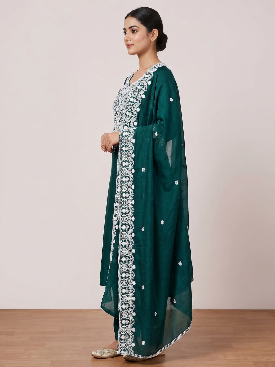 Rama Green Lucknowi Embroidered Modal Dress Material - Image 3