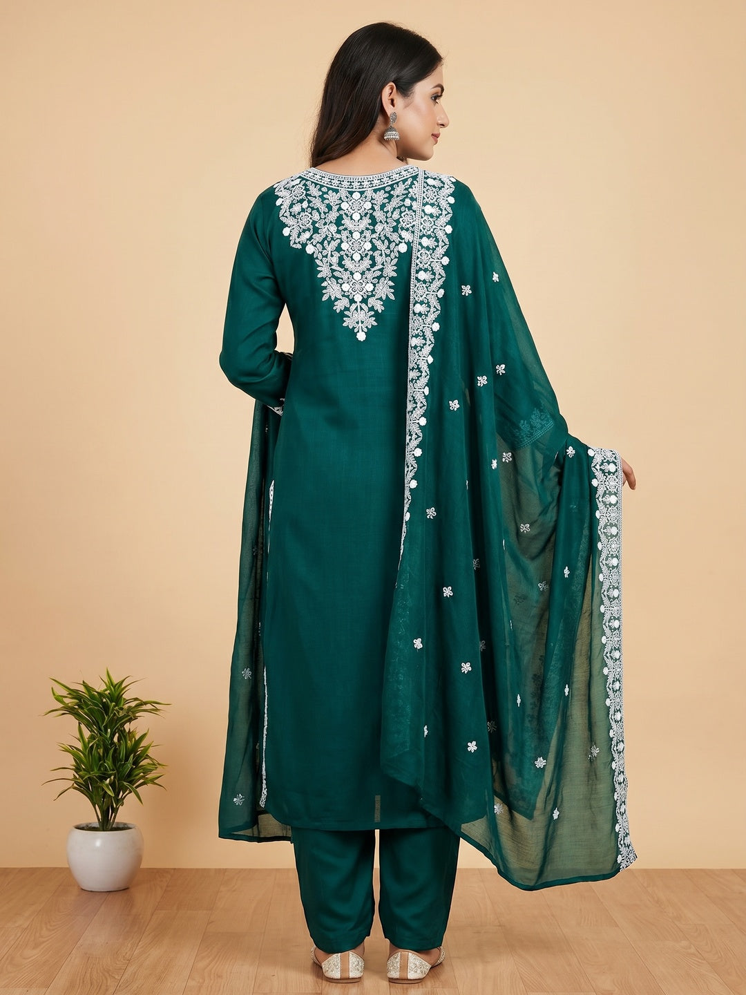 Rama Green Lucknowi Embroidered Modal Dress Material - Image 2