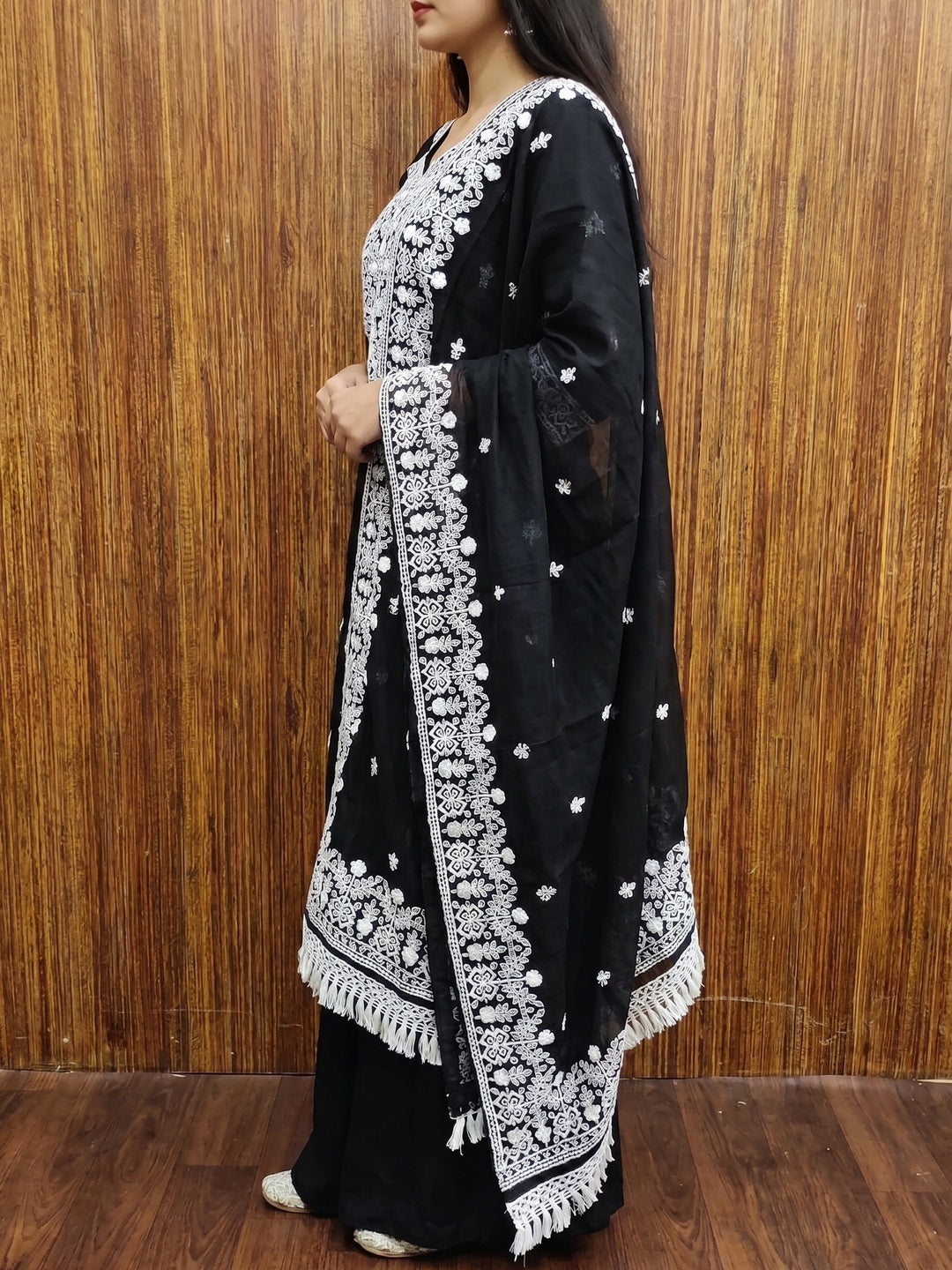Black Lucknowi Embroidered Modal Dress Material - Image 3