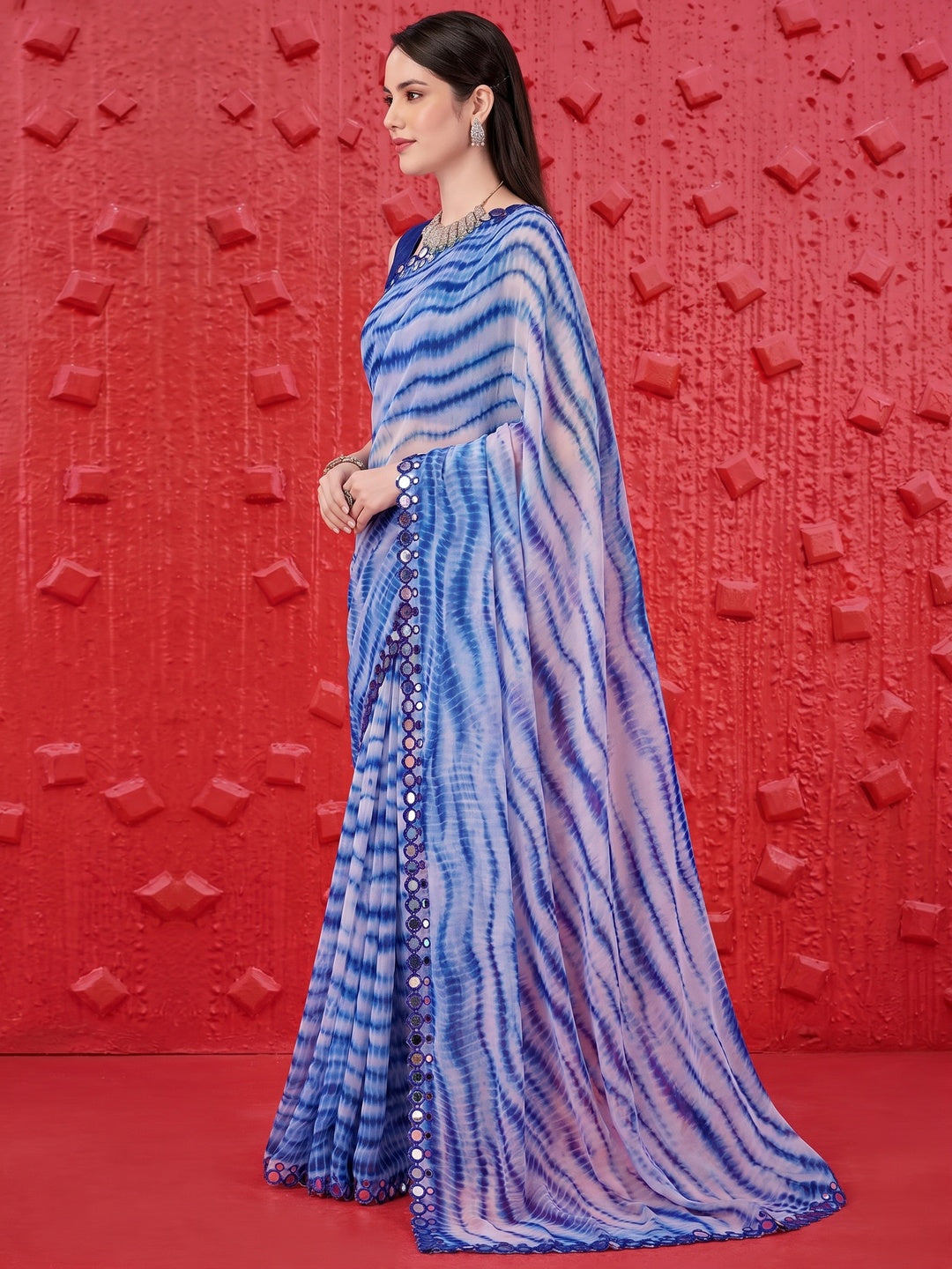 Blue Printed With Fancy Mirror Georgette Saree - Image 1