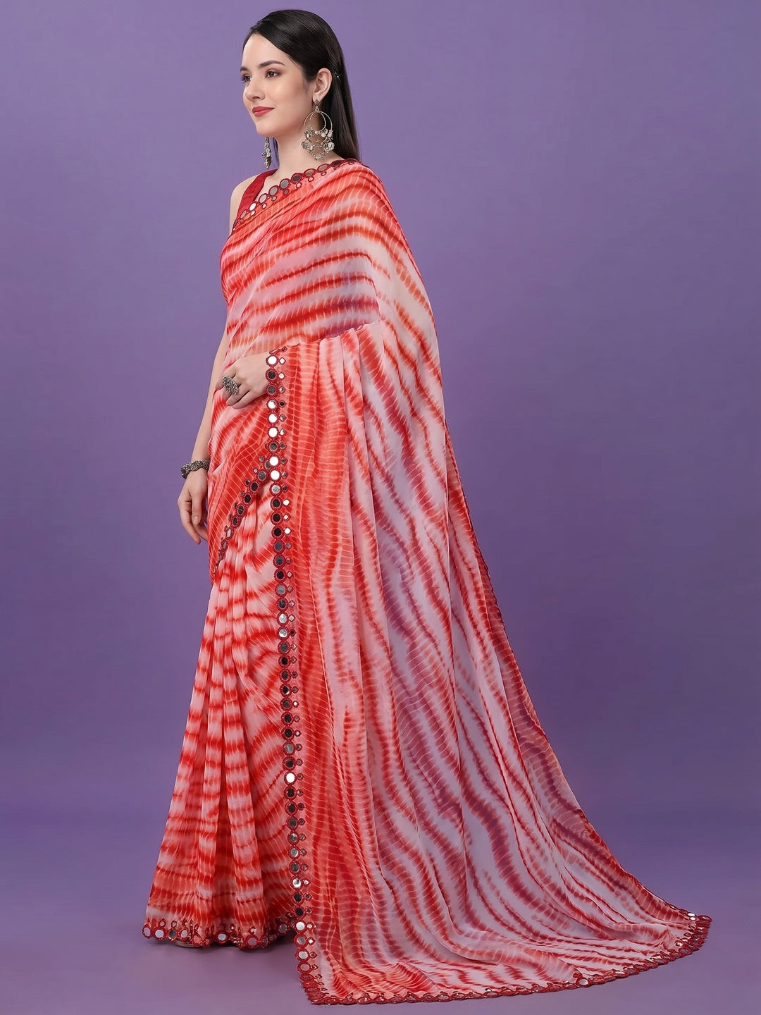 Red Printed With Fancy Mirror Georgette Saree - Image 2