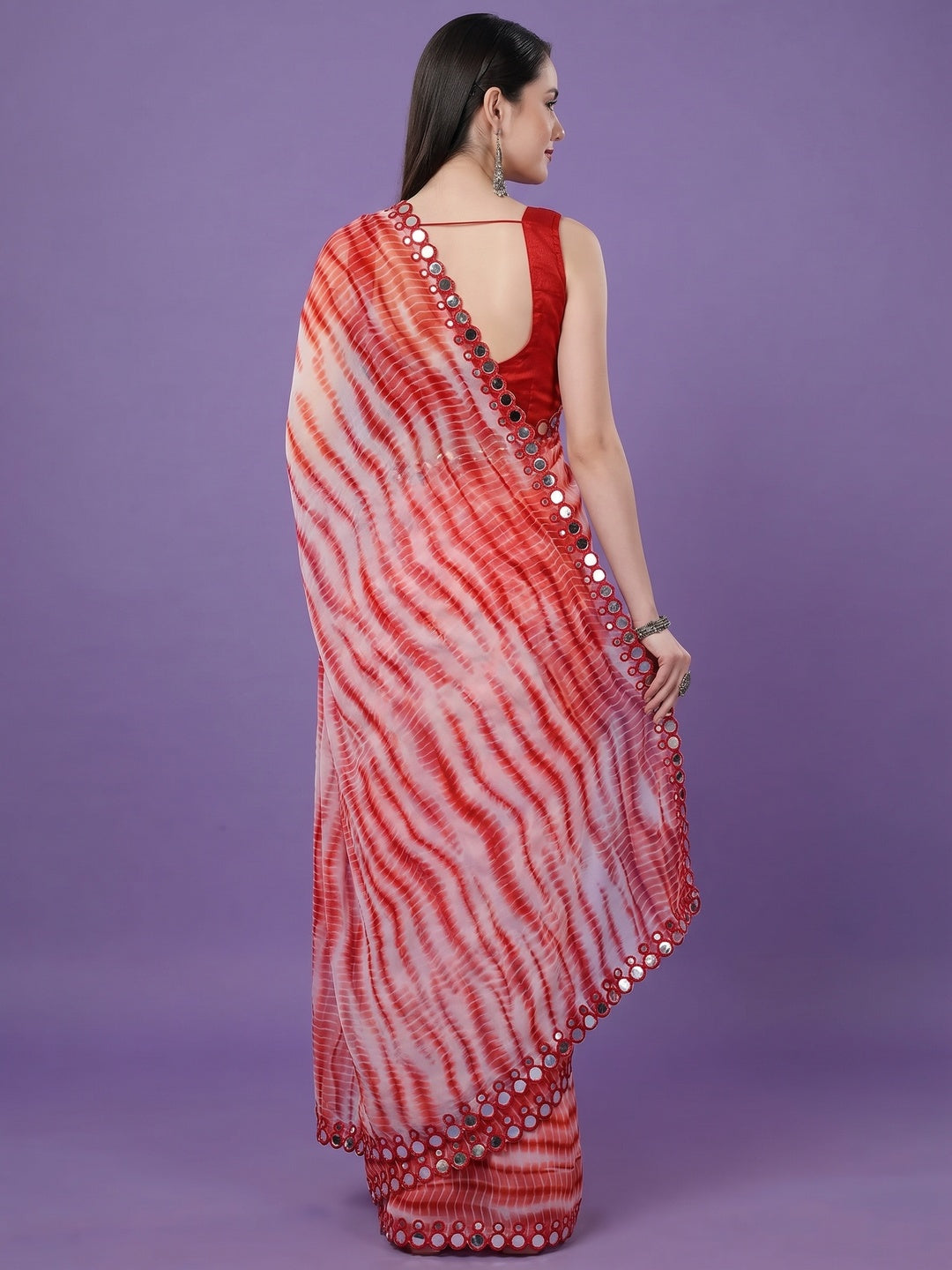 Red Printed With Fancy Mirror Georgette Saree - Image 3