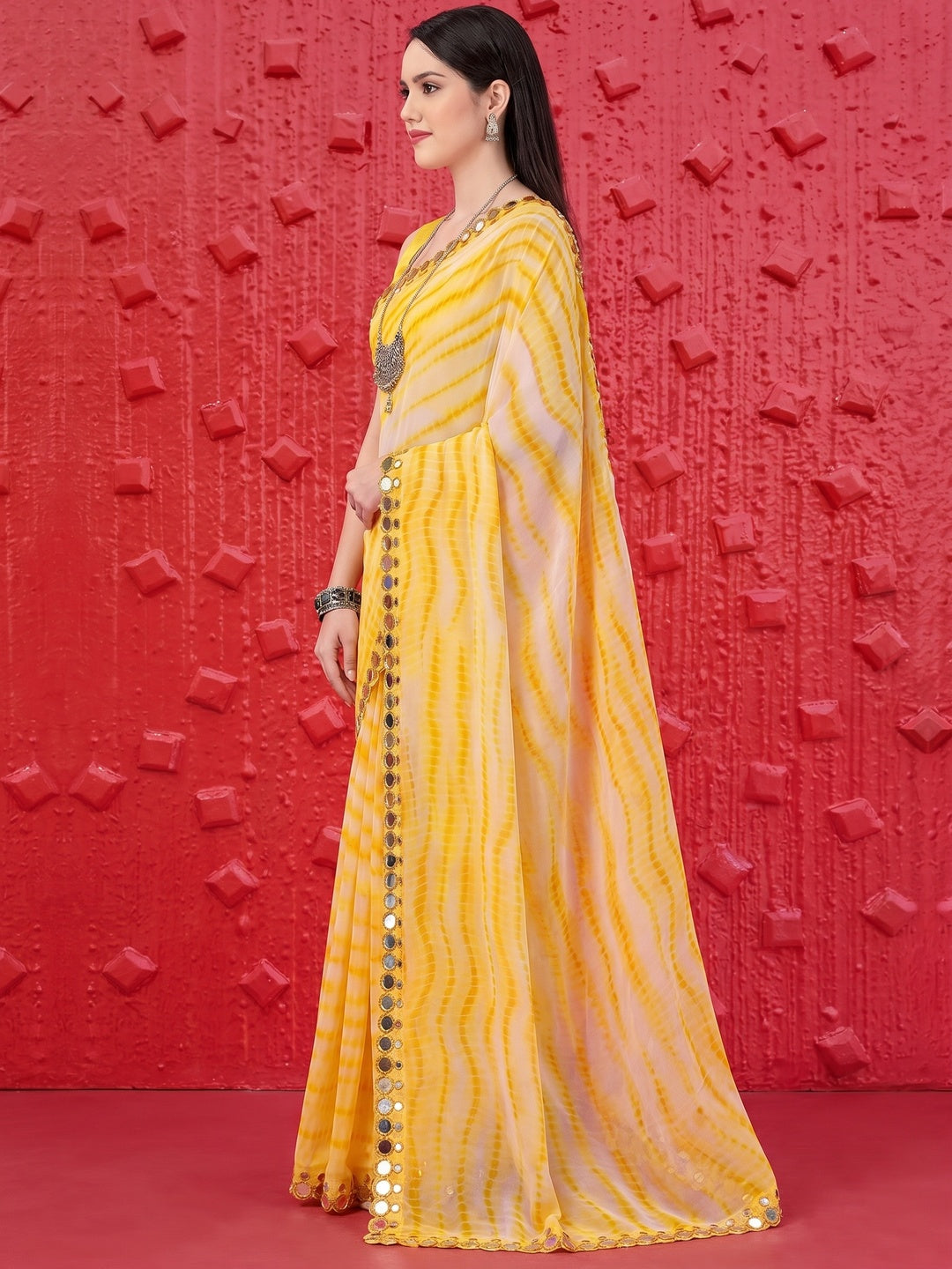 Yellow Printed With Fancy Mirror Georgette Saree - Image 1