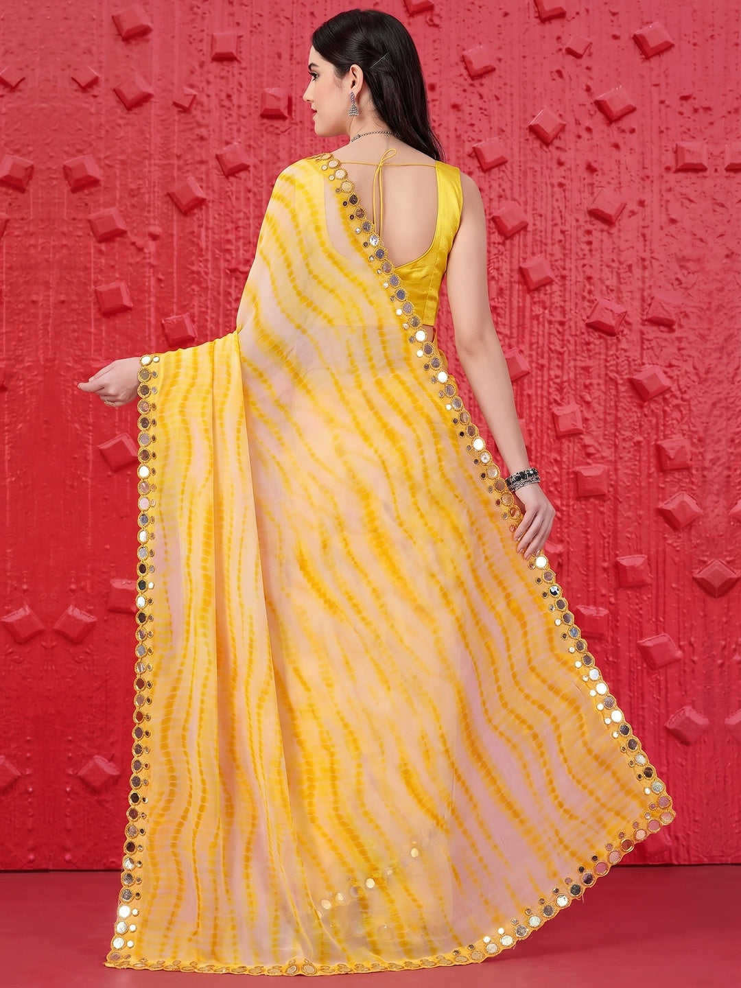 Yellow Printed With Fancy Mirror Georgette Saree - Image 2
