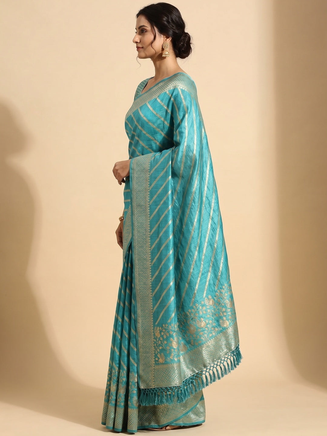 Elegant Blue Vichitra Silk Saree with Golden Zari Stripes and Floral Border - Image 2