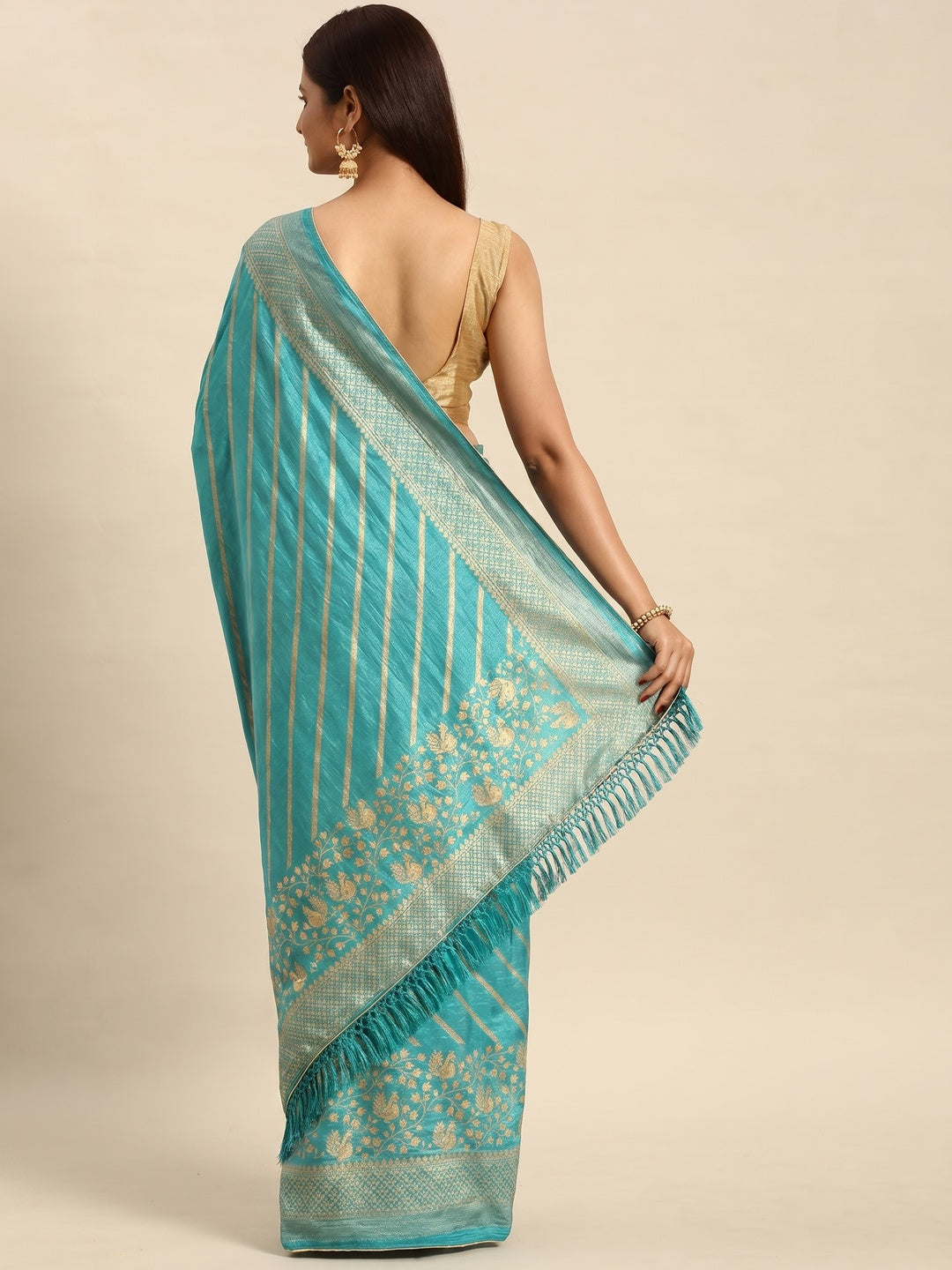 Elegant Blue Vichitra Silk Saree with Golden Zari Stripes and Floral Border - Image 3