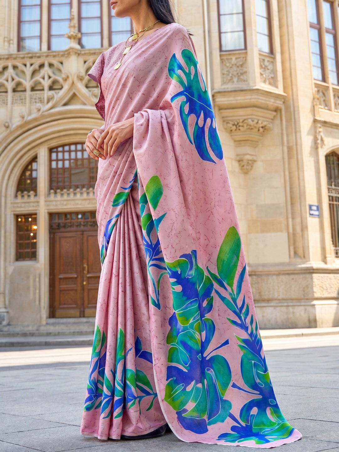 Pink Printed Crepe Saree - Image 1