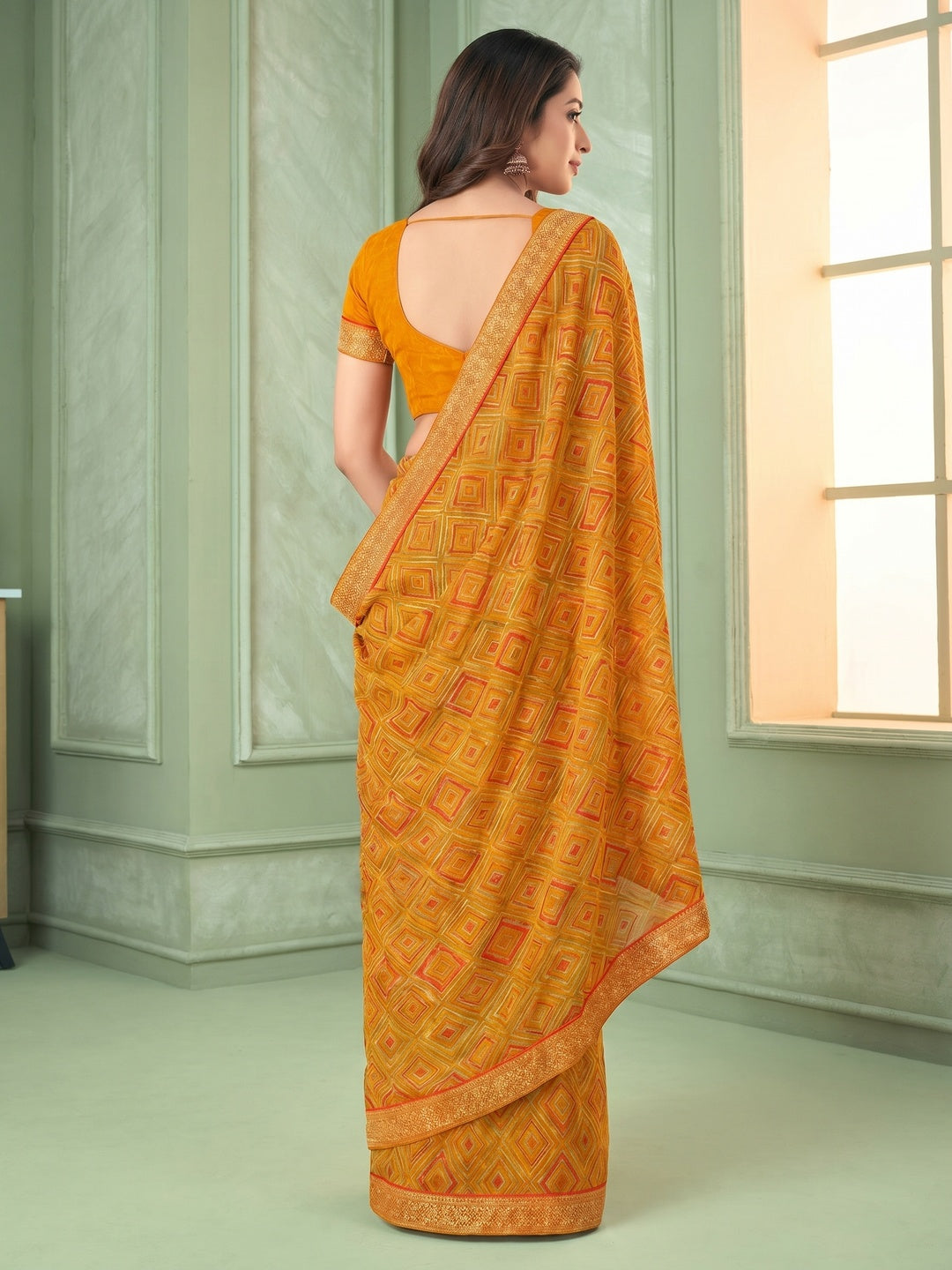Mustard Digital Printed Chiffon Saree With Lace Border - Image 1