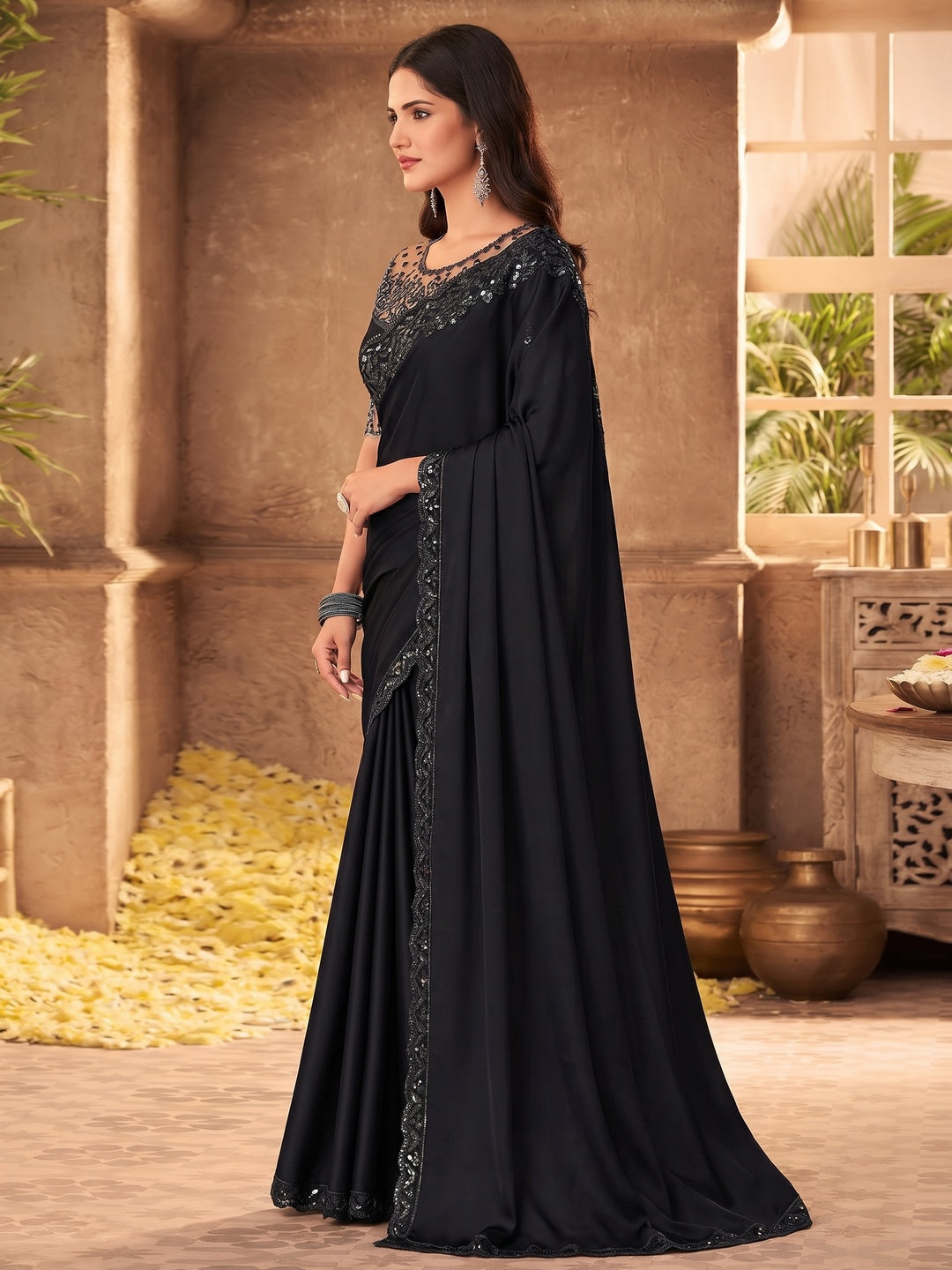 Black Embroidered Art Silk Saree - Image 1