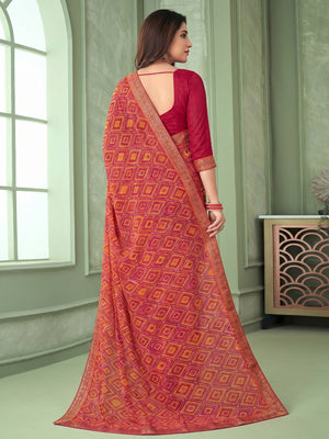 Rani Pink Digital Printed Chiffon Saree With Lace Border - Image 1