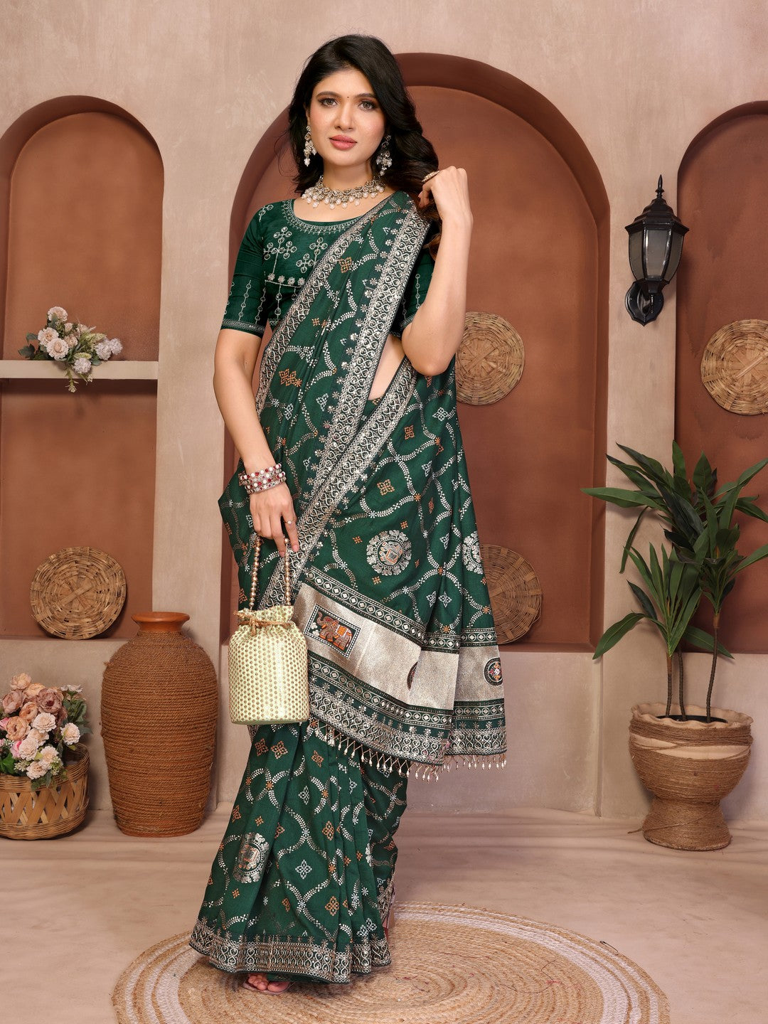 Peachmode Green Vichitra Silk Bandhani Saree with Woven Border - Image 4