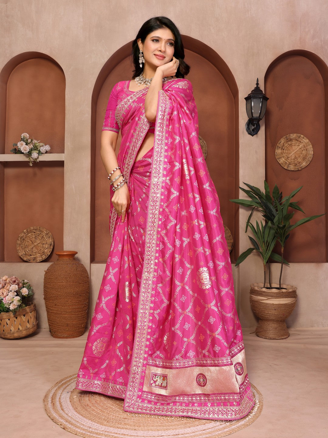 Peachmode Pink Vichitra Silk Bandhani Saree with Woven Border - Image 2