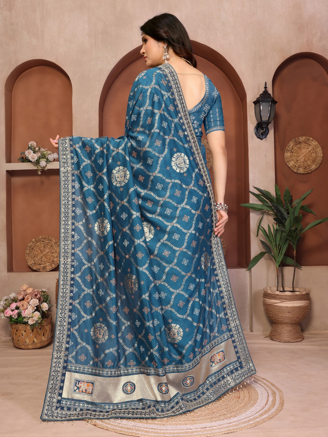 Peachmode Rama Green Vichitra Silk Bandhani Saree with Woven Border - Image 5