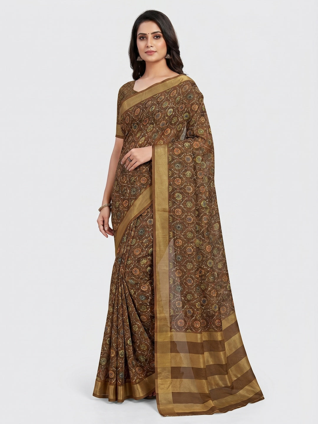 Brown Digital Floral Printed Viscose Saree - Image 2