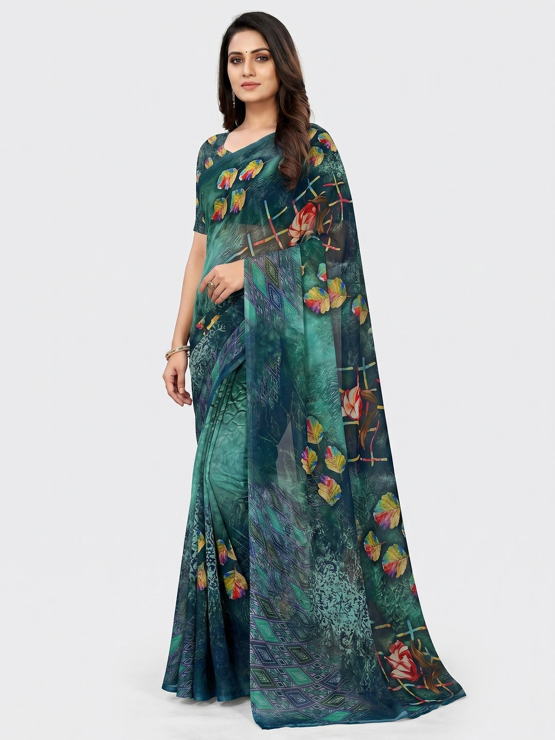 Multicolor Digital Floral Printed Georgette Saree - Image 3