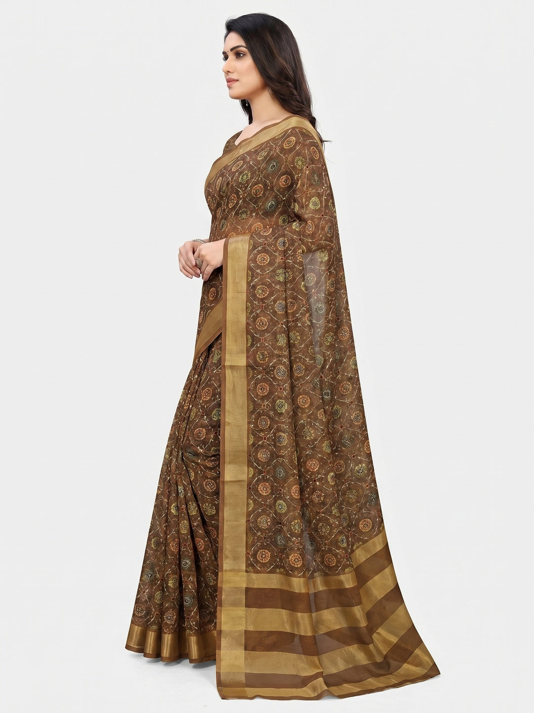 Brown Digital Floral Printed Viscose Saree - Image 3