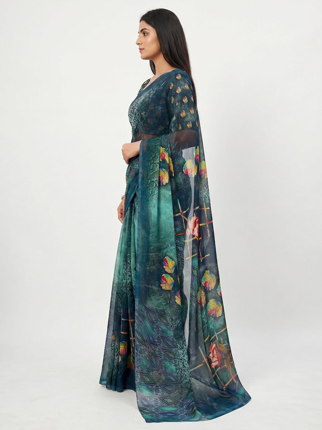 Multicolor Digital Floral Printed Georgette Saree - Image 2