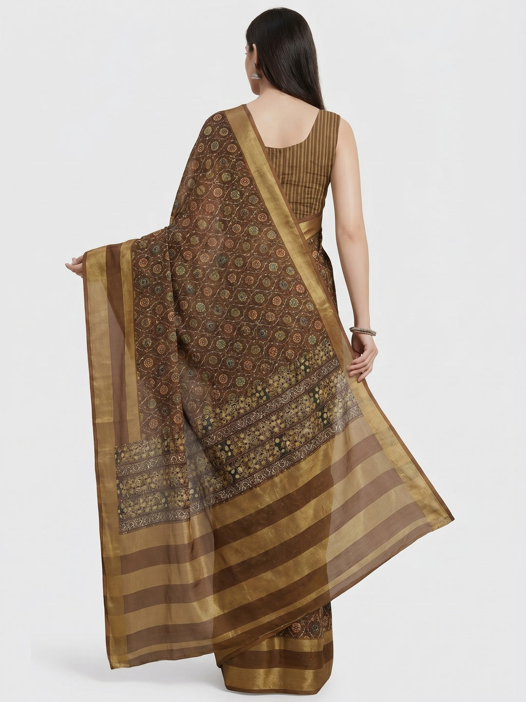 Brown Digital Floral Printed Viscose Saree - Image 1