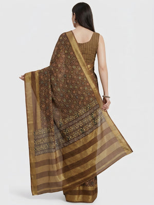 Brown Digital Floral Printed Viscose Saree - Image 1