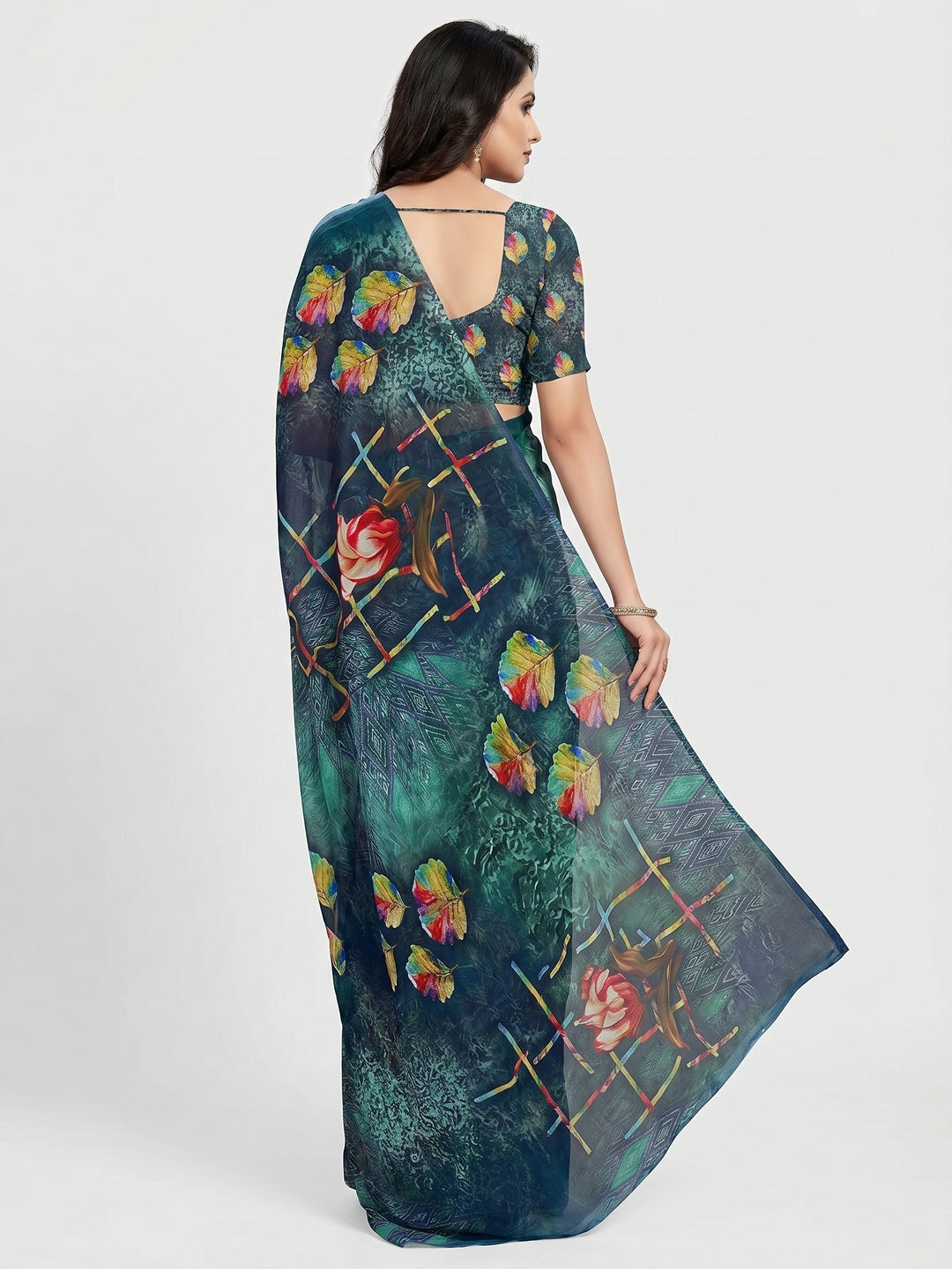 Multicolor Digital Floral Printed Georgette Saree - Image 1