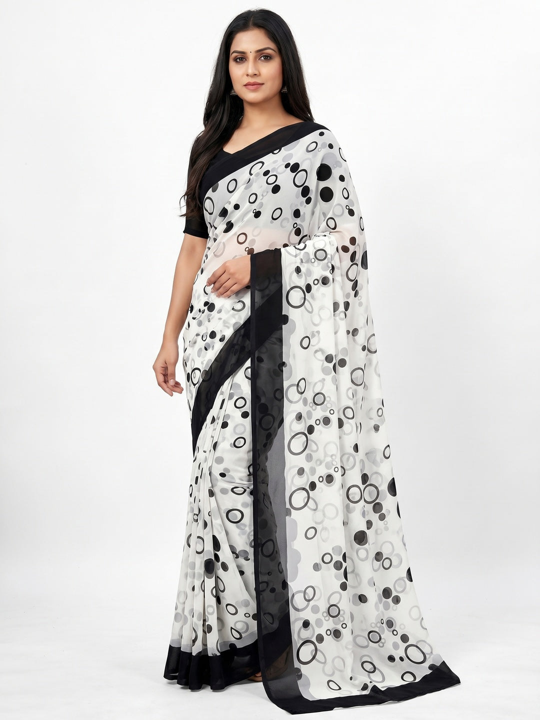 White And Black Printed Georgette Saree - Image 1