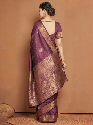 Wine Woven Banarasi Silk Saree - Image 1