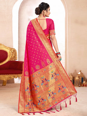 Pink Woven Art Silk Paithani Saree With Tassels - Image 1