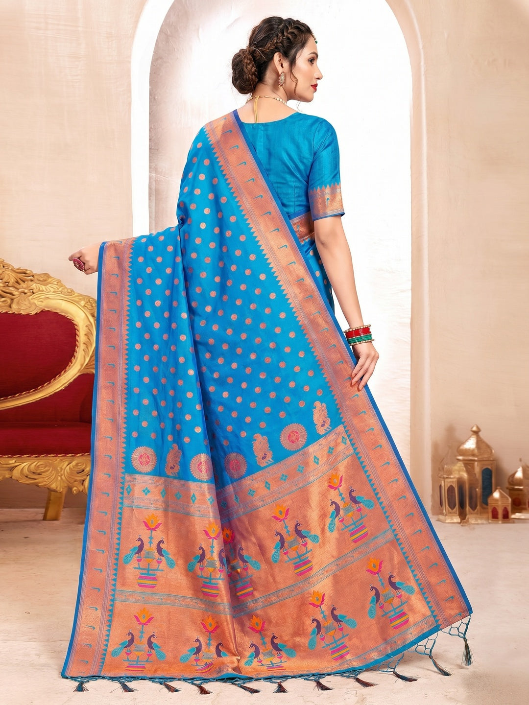 Sky Blue Woven Art Silk Paithani Saree With Tassels - Image 1
