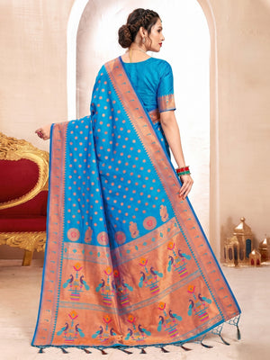 Sky Blue Woven Art Silk Paithani Saree With Tassels - Image 1