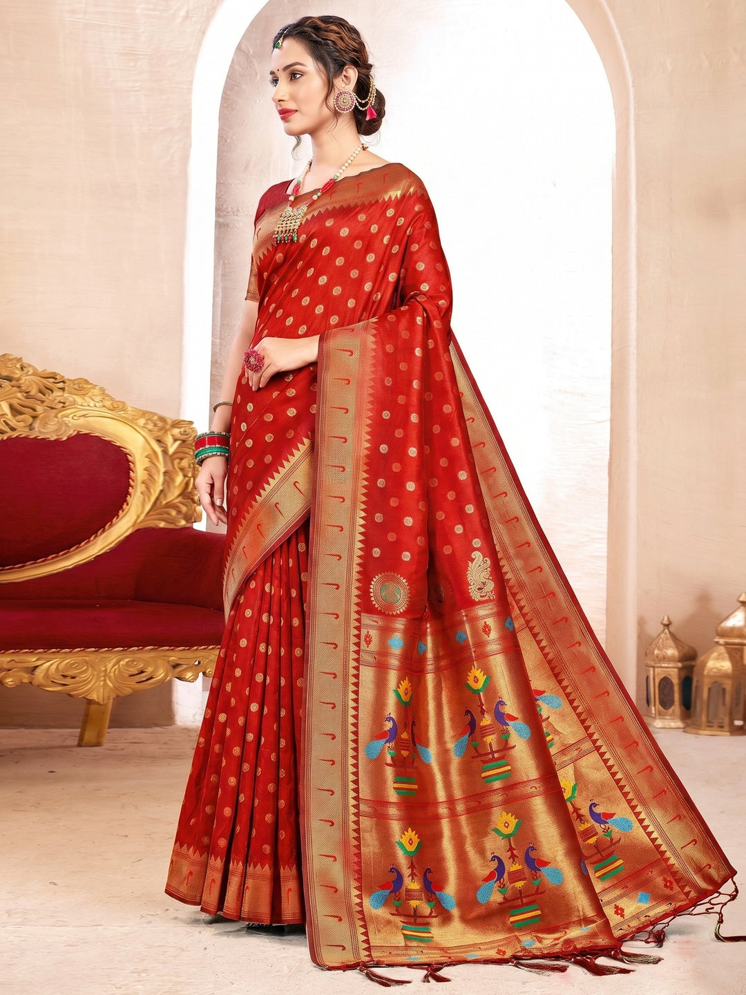 Red Woven Art Silk Paithani Saree With Tassels - Image 1