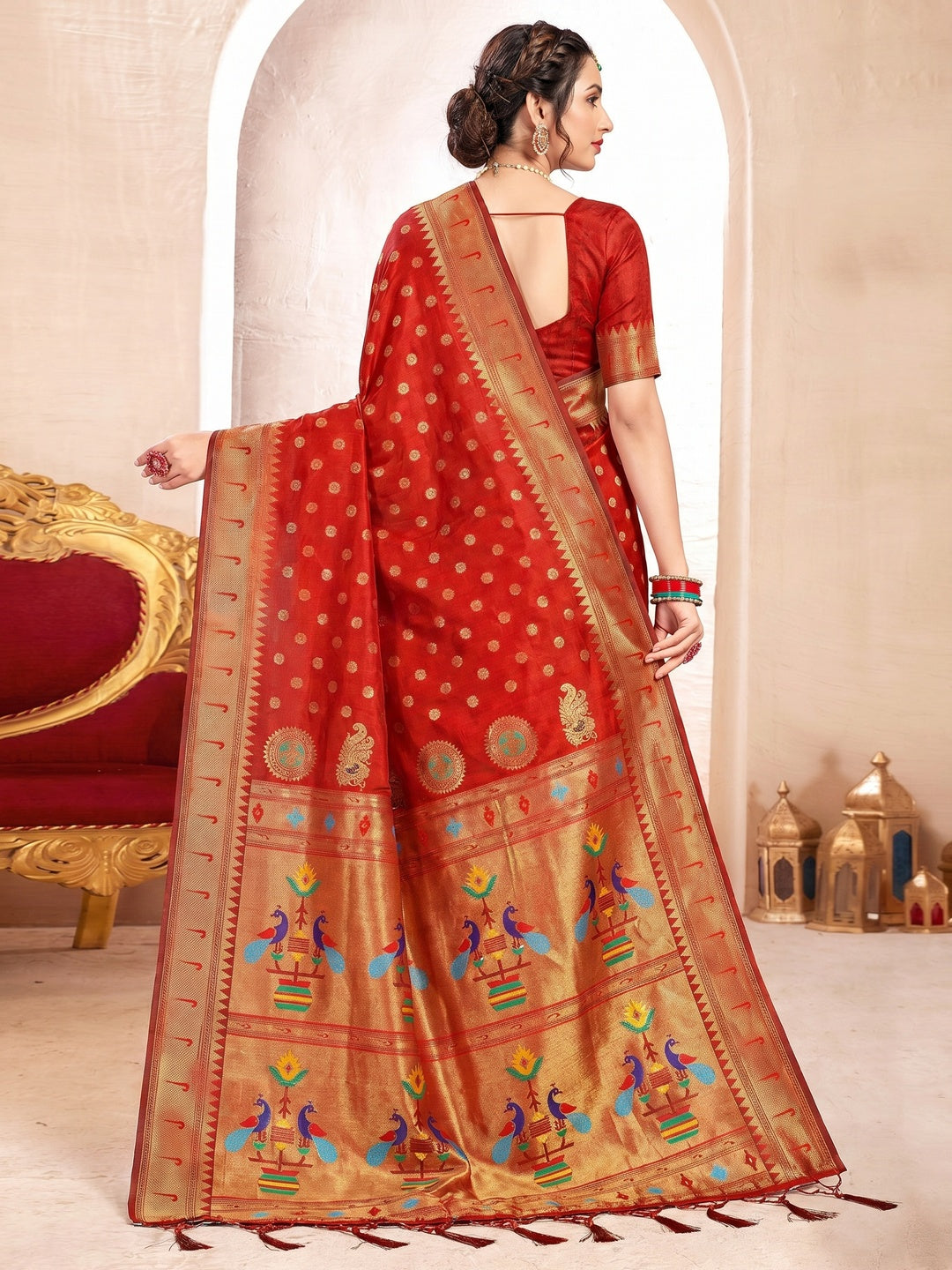 Red Woven Art Silk Paithani Saree With Tassels - Image 2