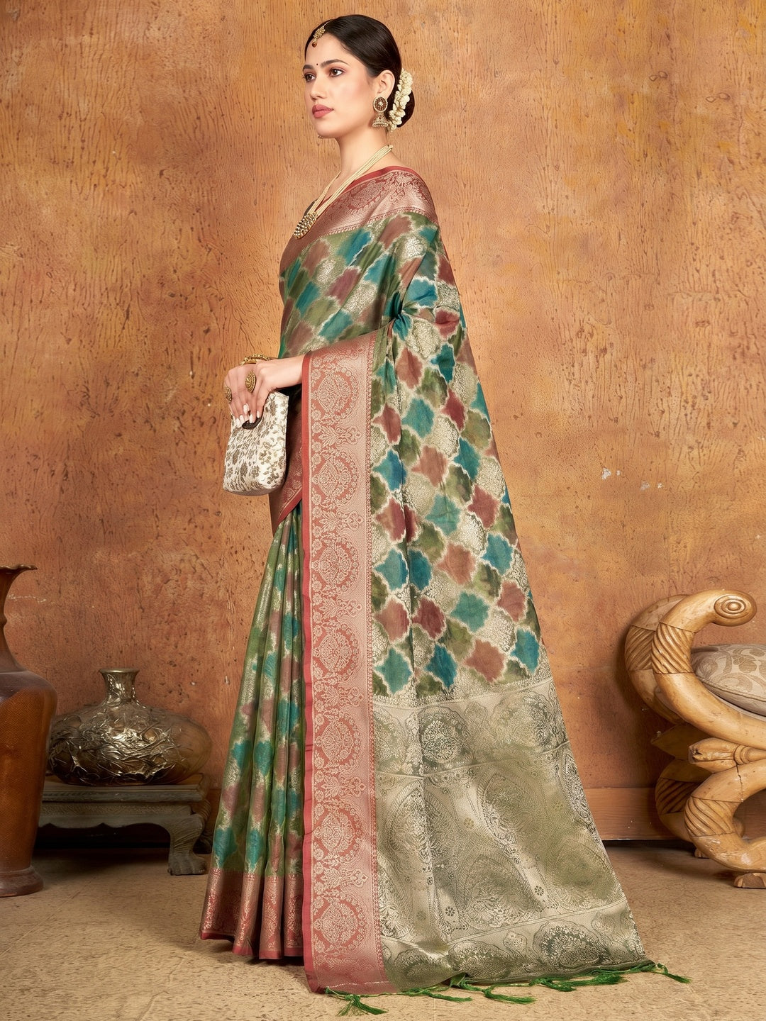 Green Woven Organza Saree With Tassels - Image 2