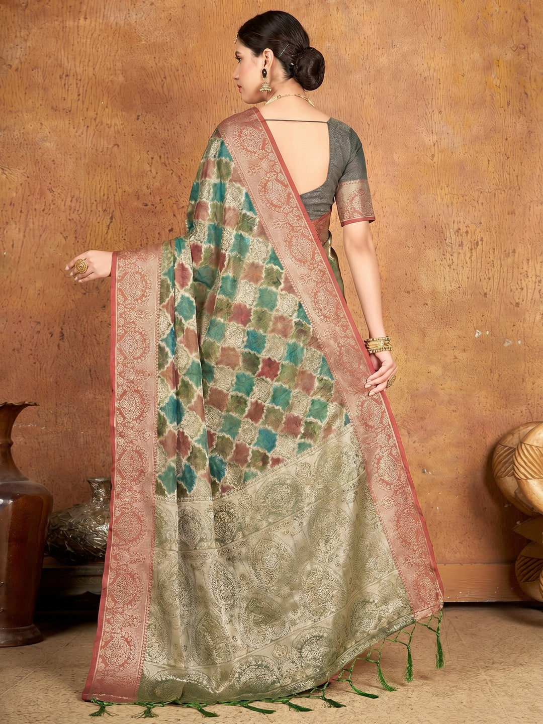 Green Woven Organza Saree With Tassels - Image 1