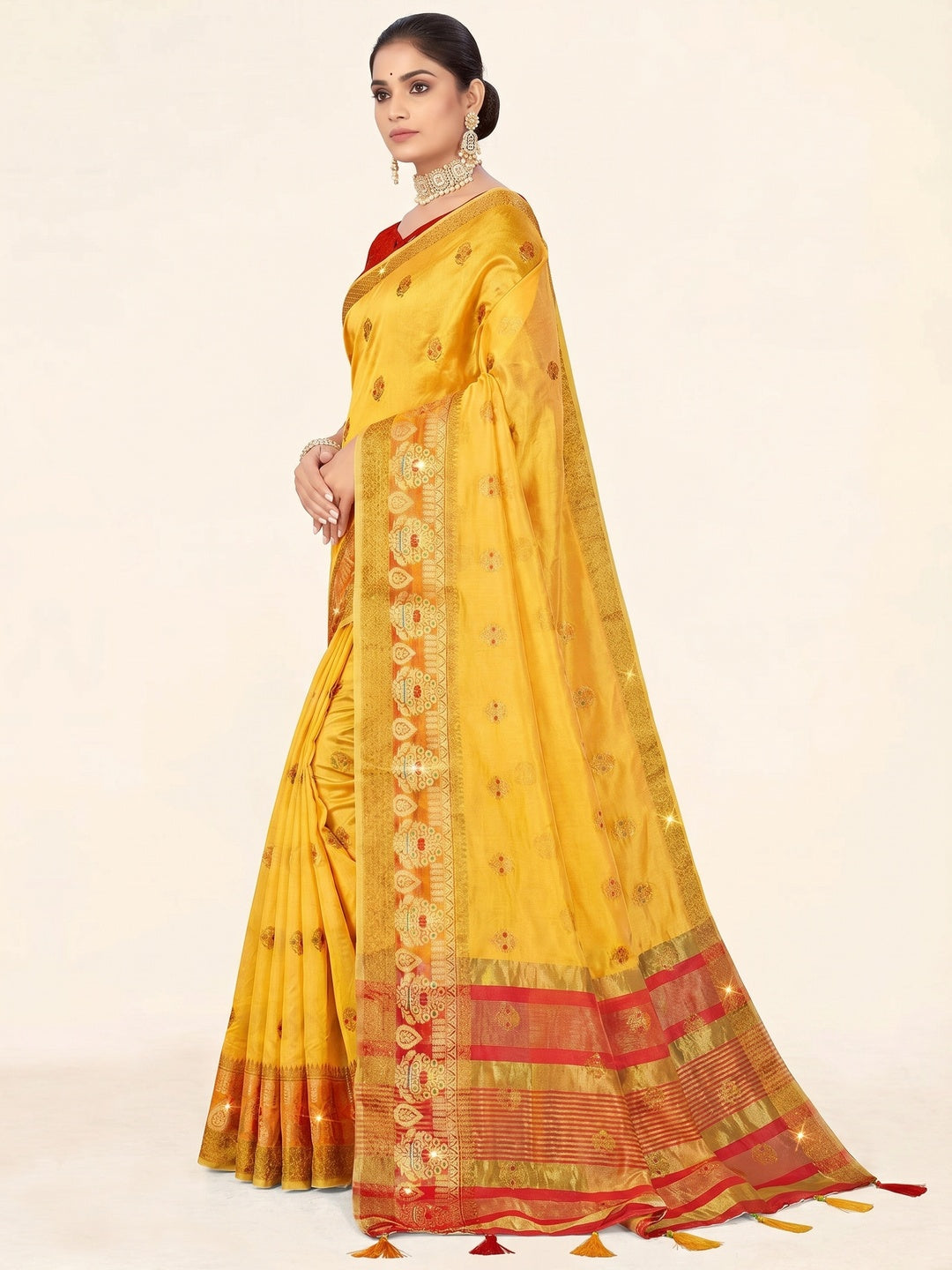 Yellow Woven Organza Saree With Tassels - Image 1